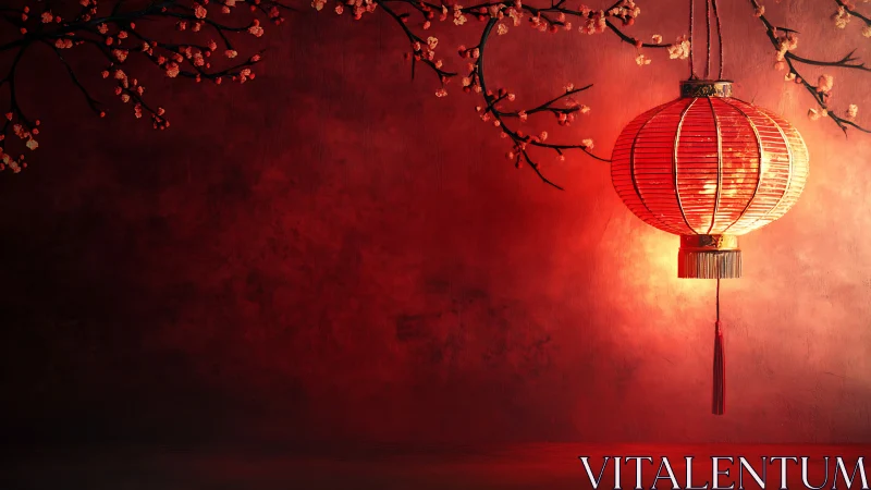 Red Chinese lantern hanging beside blooming cherry branches.