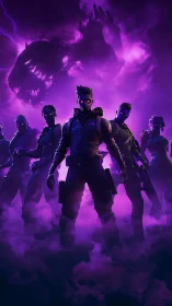 Neon armored squad confronts looming shadow beast in fog