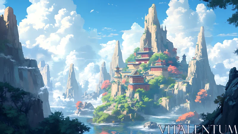 Mountain temple archipelago under radiant blue atmosphere.