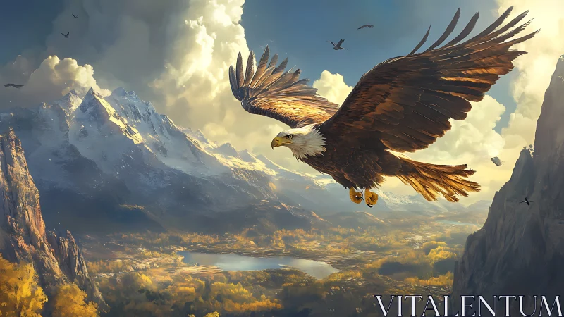 Majestic Bald Eagle Soaring Above Mountain Valley, Realistic Art.