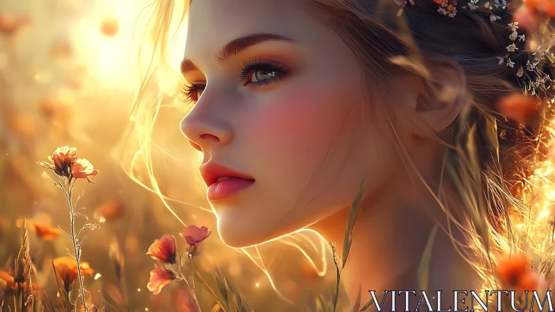 Profile portrait of woman in floral field at golden hour