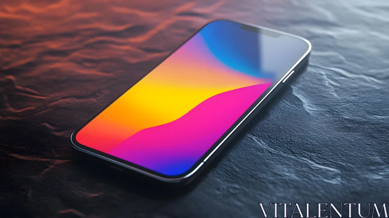 Modern smartphone with vibrant screen on textured surface.