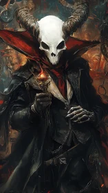 Horned skull warlock in tattered coat holding ember.