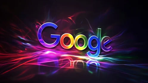 Google wordmark with neon light streaks on dark background.
