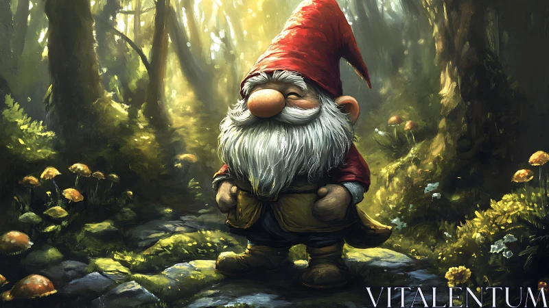 Forest gnome stands on mossy path under dappled light glow