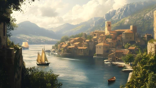 Sunlit Mediterranean harbor town rendered in warm digital light