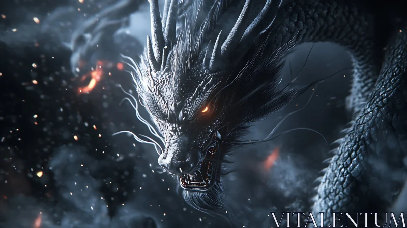 Fiery-eyed shadow dragon roars amid swirling embers.