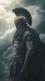 Storm-lit armored warrior in bronze Corinthian helmet.