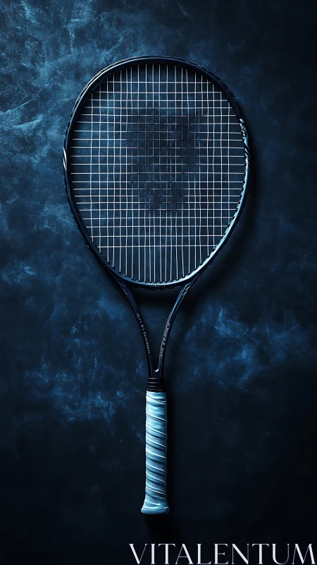 Tennis racket on dark textured blue background, centered.