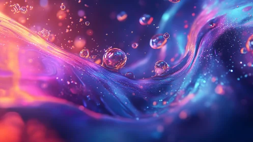 Iridescent liquid wave with suspended droplets in neon bokeh field