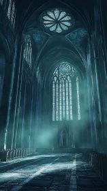 Gothic cathedral nave with ethereal teal volumetric lighting.