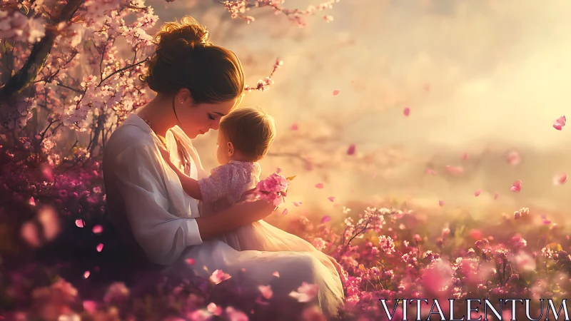 Woman and child in flowering field at golden hour.