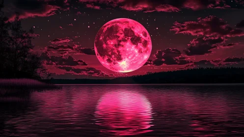 Crimson moon melts into the lake and stains the silent sky