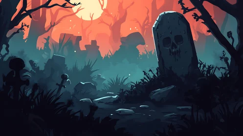 Moonlit graveyard glows through blood-red haunted fog.