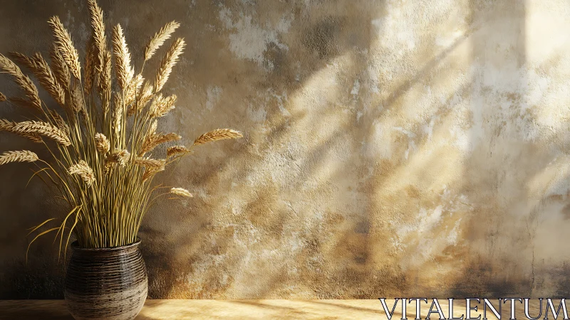 Dried wheat stems stand in ceramic pot beside textured wall