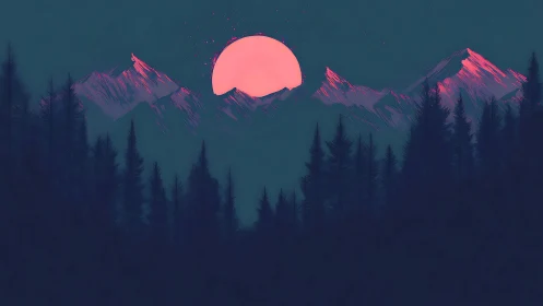 Digital landscape depicts silhouetted forest and pink sun