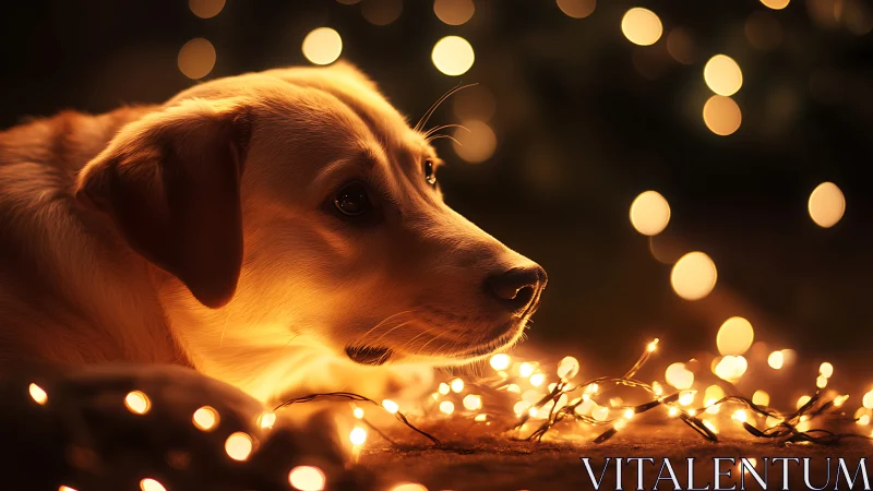 Golden dog portrait illuminated by warm festive bokeh lights