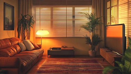Sunlit retro living room glows with warm, cozy ambiance.