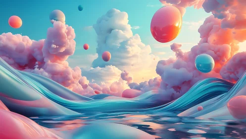 Dreamy pastel clouds and playful floating spheres glow softly