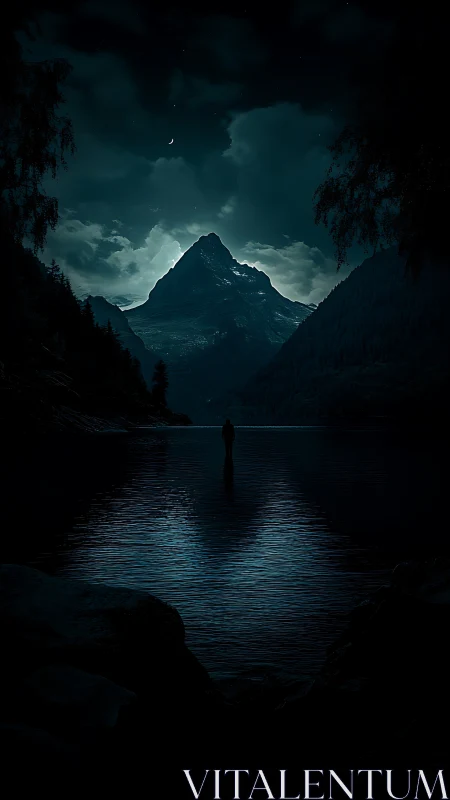 Nocturnal alpine lake silhouette in moody digital painting.