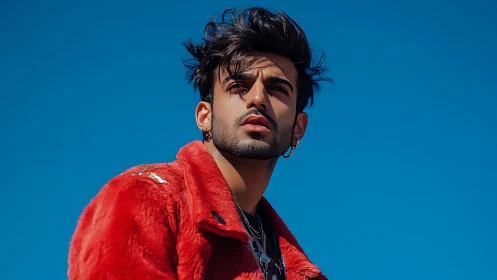 Crimson street-style rebel framed against electric blue sky.