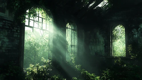 Sunlit overgrown ruin interior with tall arched windows.