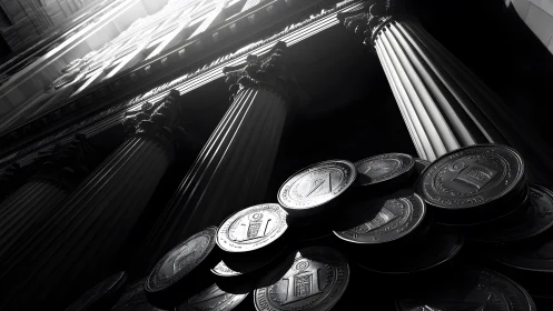 Dramatic Bank Facade with Stacked Coins in Monochrome Light.