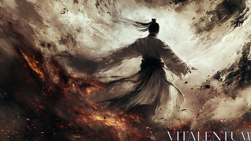 Warrior stands amid swirling smoke, ash and erupting embers