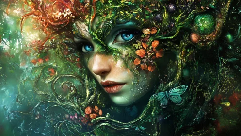 Bioluminescent forest dryad portrait with intricate floral integration