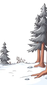 Stylized conifer forest under snow rendered in clean cartoon line