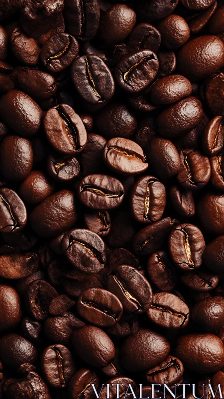 Glossy roasted coffee beans form a rich aromatic backdrop