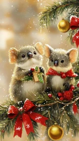 Festive baby mice share gifts amid sparkling Christmas boughs.