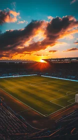 Stadium sunset ignites a glowing emerald football arena.