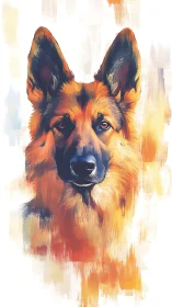 Brushstrokes crown a German shepherd in ember-bright calm