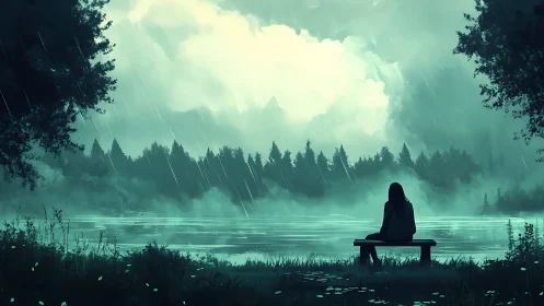 Solitary dreamer quietly measures the rainlit forest lake