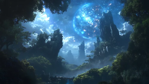 Bioluminescent alien jungle valley under luminous gas giant