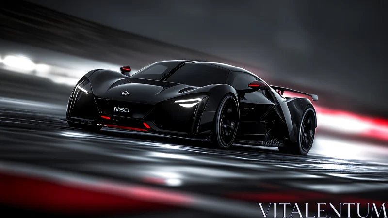 Black futuristic NSO supercar racing on wet night track.