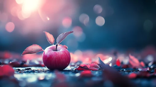 Macro bokeh study of dewlit apple with chromatic leaf scatter.