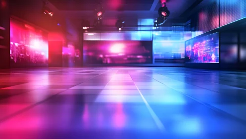 Modern digital studio with neon lighting and futuristic design elements.
