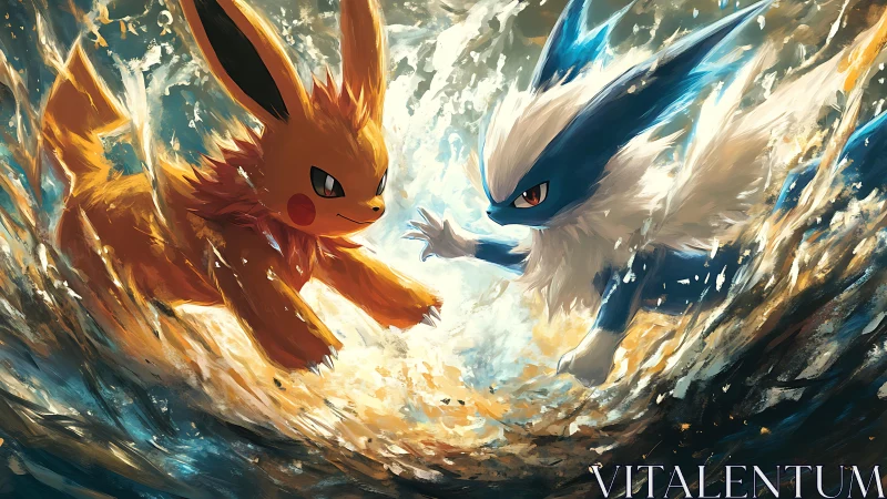 Electric fox duel ignites swirling storm of water and flame.