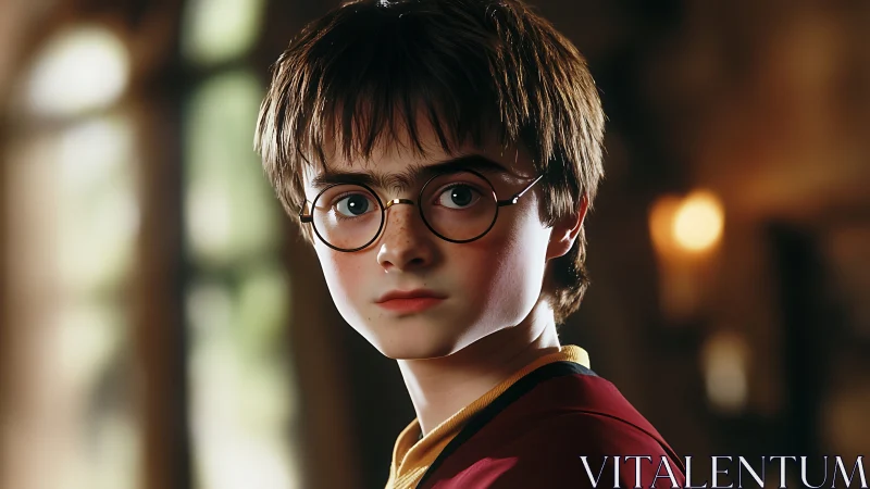 Young wizard in glasses framed by warm, magical light.