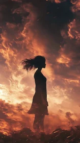 Silhouetted female figure stands against turbulent, flame-lit cloudfield
