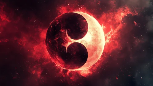 Solar yin-yang eclipse ignites a crimson cosmic storm.