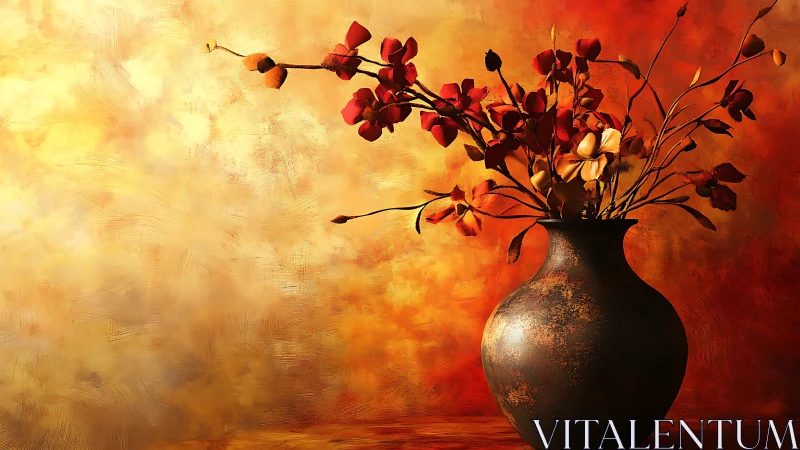 Red flowers in bronze vase glow against warm amber backdrop
