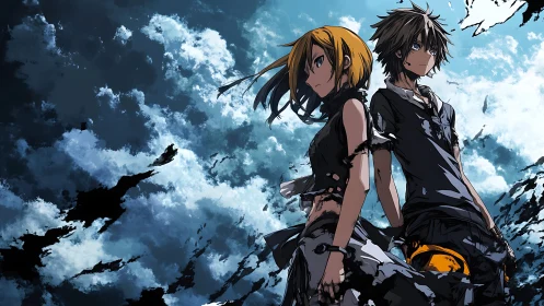 Weathered anime duo under turbulent cloudy sky.