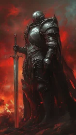 Dark armored knight stands calm amid swirling crimson fire