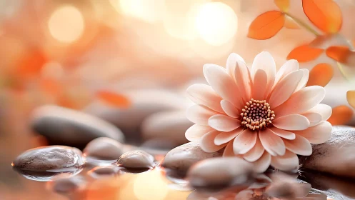 Soft peach blossom rests over zen pebbles at sunset.