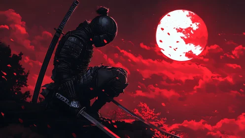 Armored ninja crouched under red moon on rooftop at night.