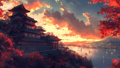 Hillside pagoda complex overlooking harbor at sunset.