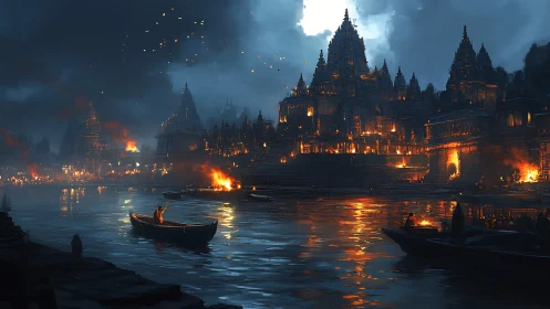 River of embers and temple lights under a moody night sky.